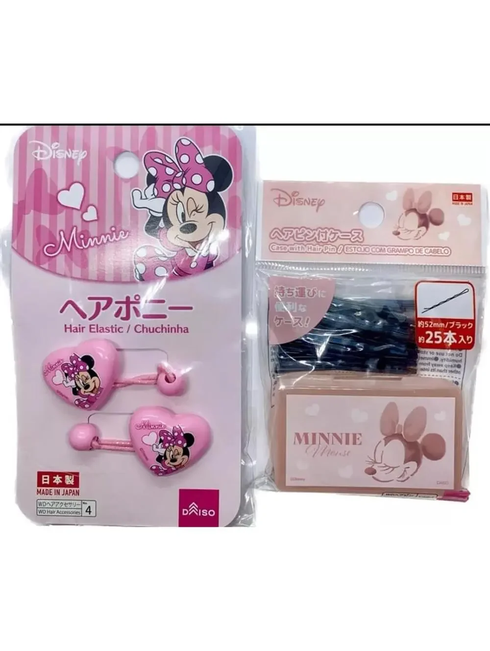 Disney Minnie Mouse Hair Bobby Pins Case Pink & Heart Elastic Band Girls SET
